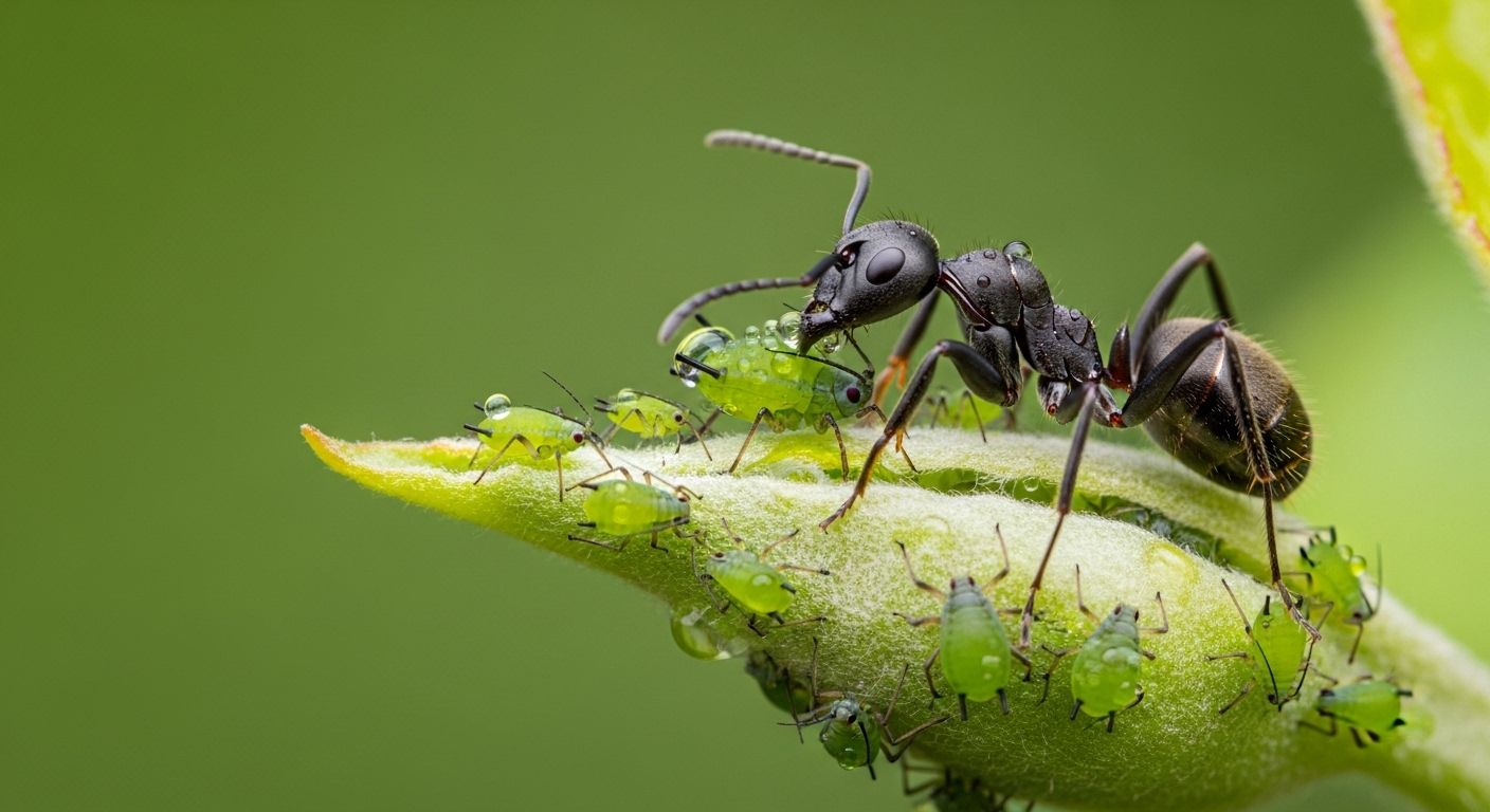 Detailed orchard macro showing ant and aphid mutualistic interaction along tender stem