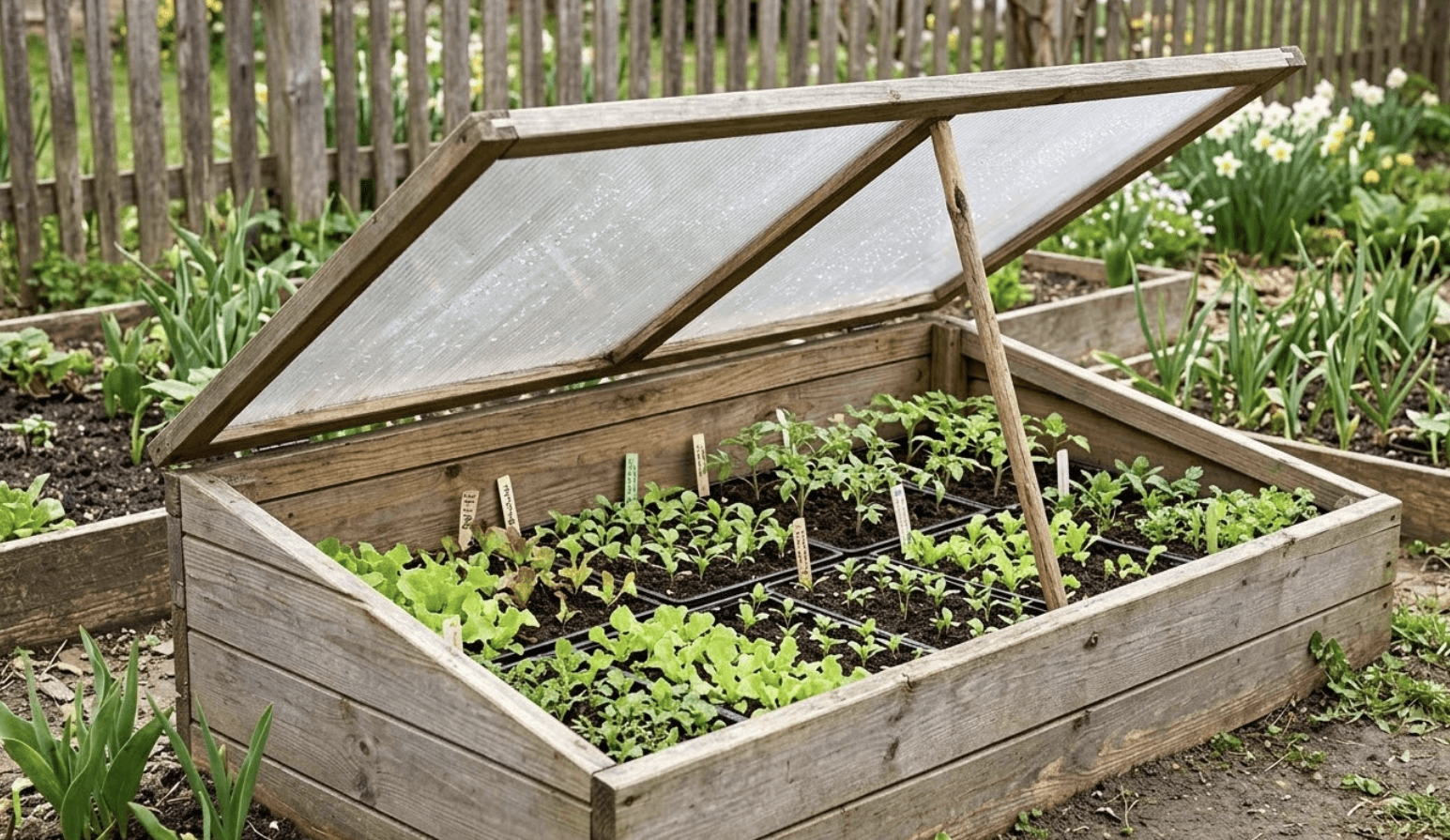 Close-up of a sturdy wooden cold frame box with glass sash lid protecting cold-season greens