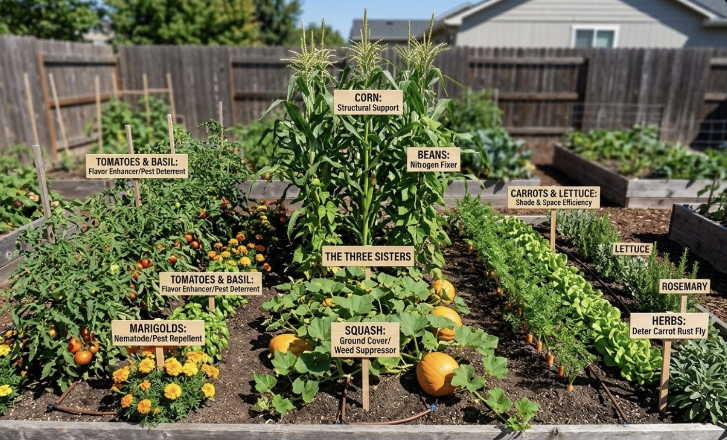 Diverse polyculture garden bed demonstrating strategic companion planting