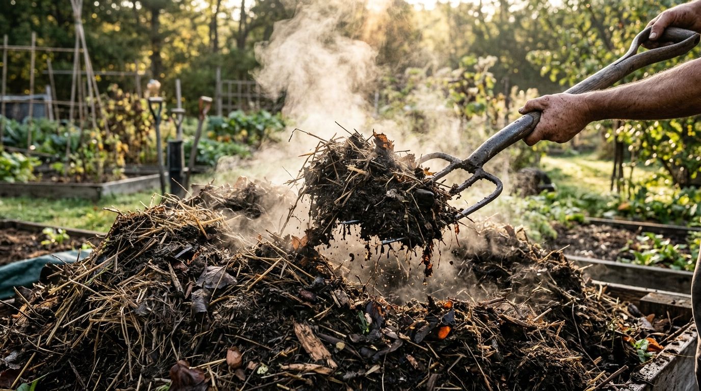 Active thermal compost pile breaking down high-nitrogen organic matter