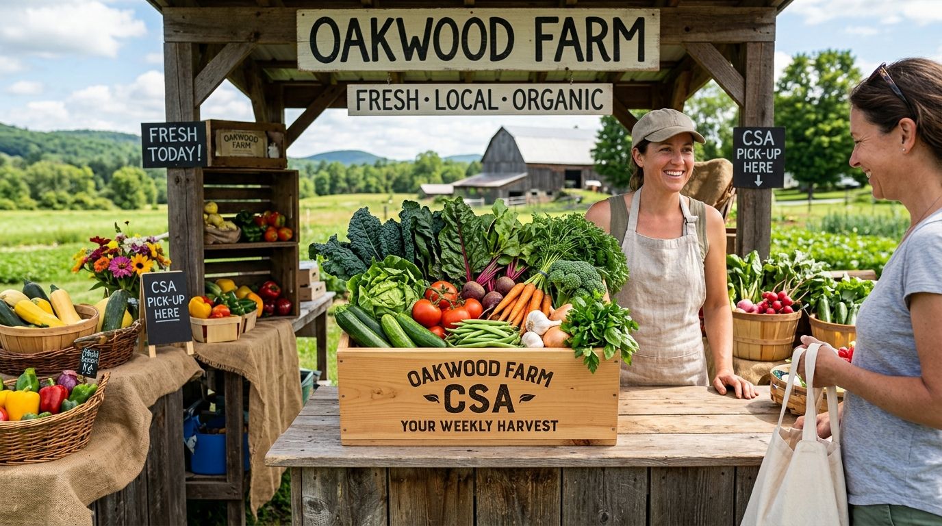 A local farm stand displaying a colorful Community Supported Agriculture box