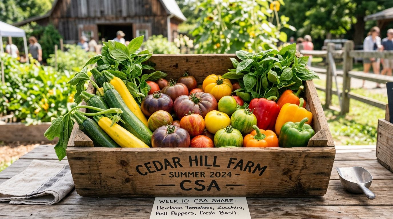 Abundant summer CSA share box featuring heirloom slicing tomatoes