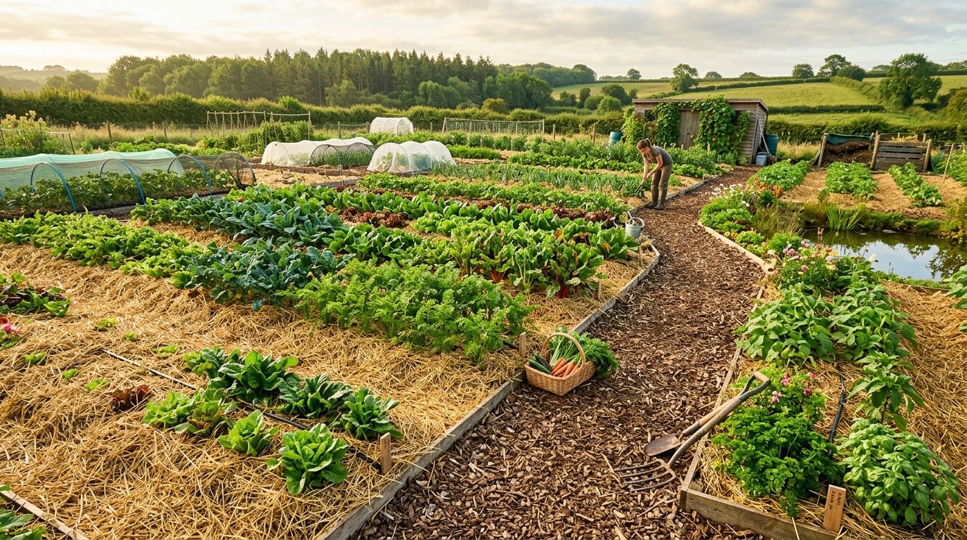Deep organic mulch blanket protecting soil biology in permanent garden beds