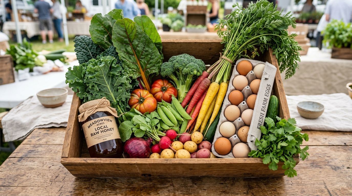 A large, diverse CSA box containing vegetables, a jar of local honey, and farm-fresh eggs