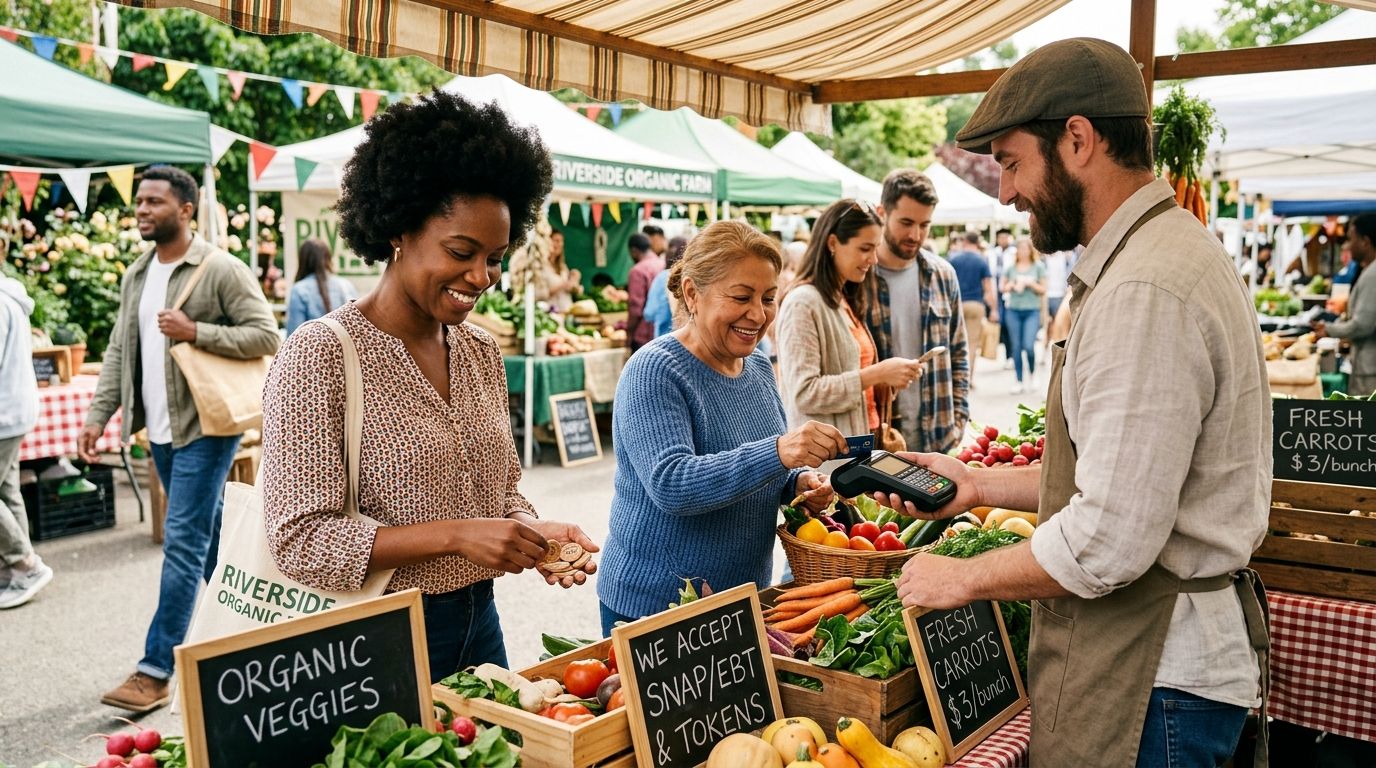 Customer using electronic benefits transfer EBT card at community farmstand terminal