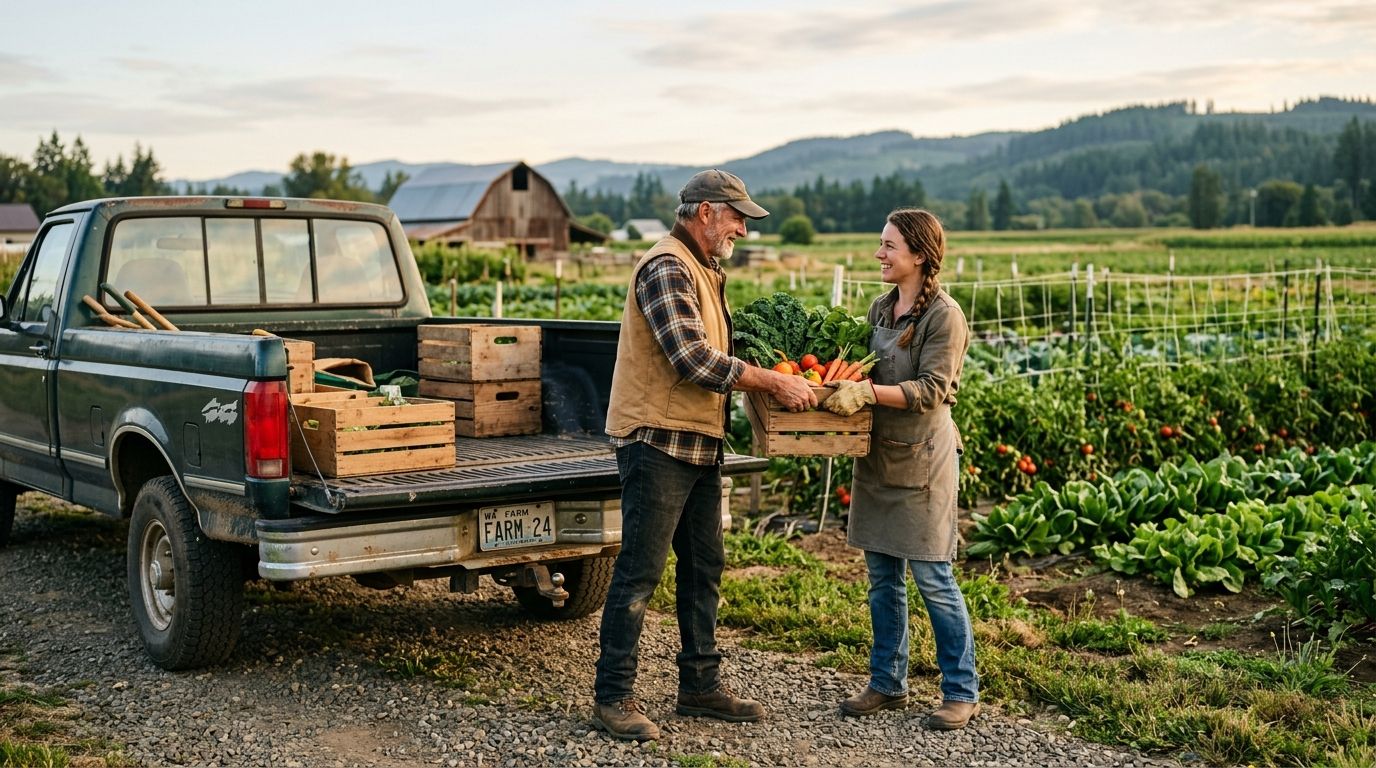 Two farmers standing next to a pickup truck exchanging crates of fresh vegetables
