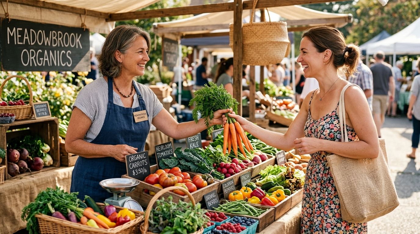 A small-scale farmer interacting with a customer at a sunny farmers market stall