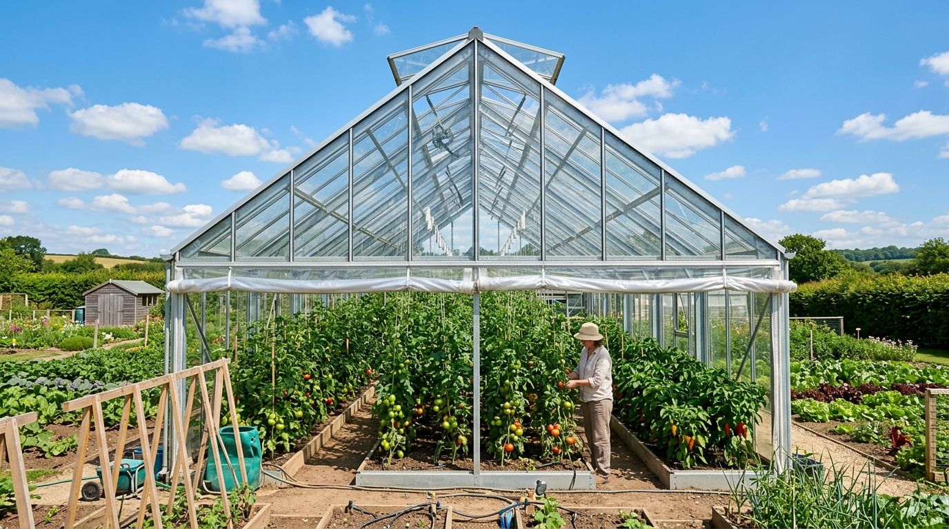 Steep pitched gable greenhouse utilizing the stack effect for cooling
