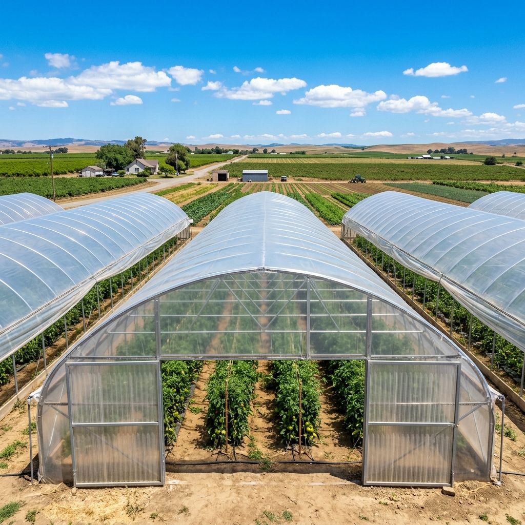 Interior climate control in a commercial greenhouse showing ventilation fans