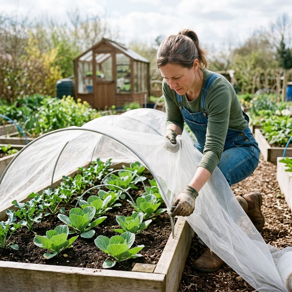 Healthy, compact cabbage and broccoli heads protected under lightweight protective insect barrier netting