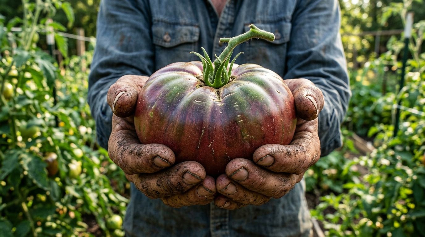 A farmer's dirt-stained hands holding a massive, deep purple Cherokee Purple heirloom tomato