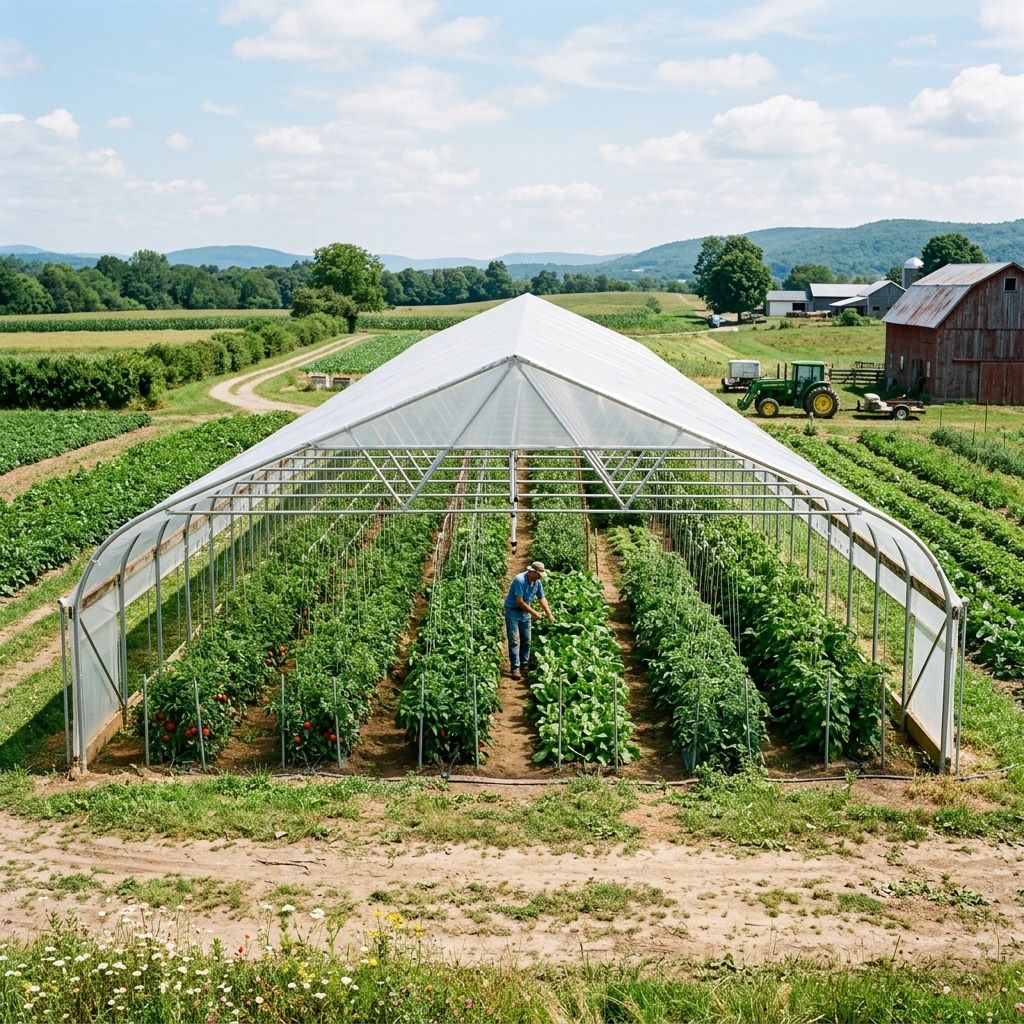 High tunnel structure with roll-up sides elevated four feet for active cross-ventilation in summer