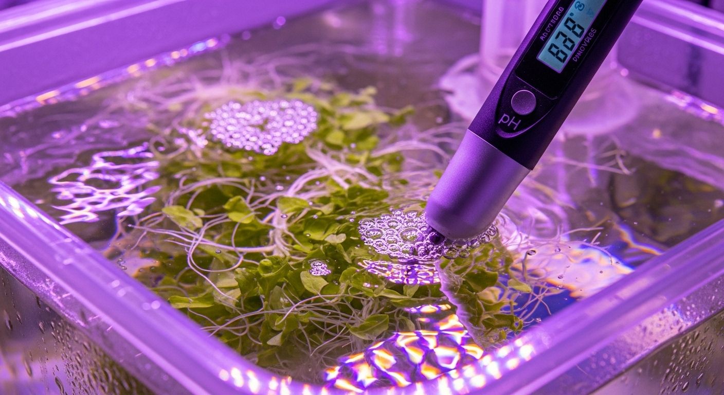 Digital pen testing pH and dissolved oxygen levels in commercial hydroponic reservoir