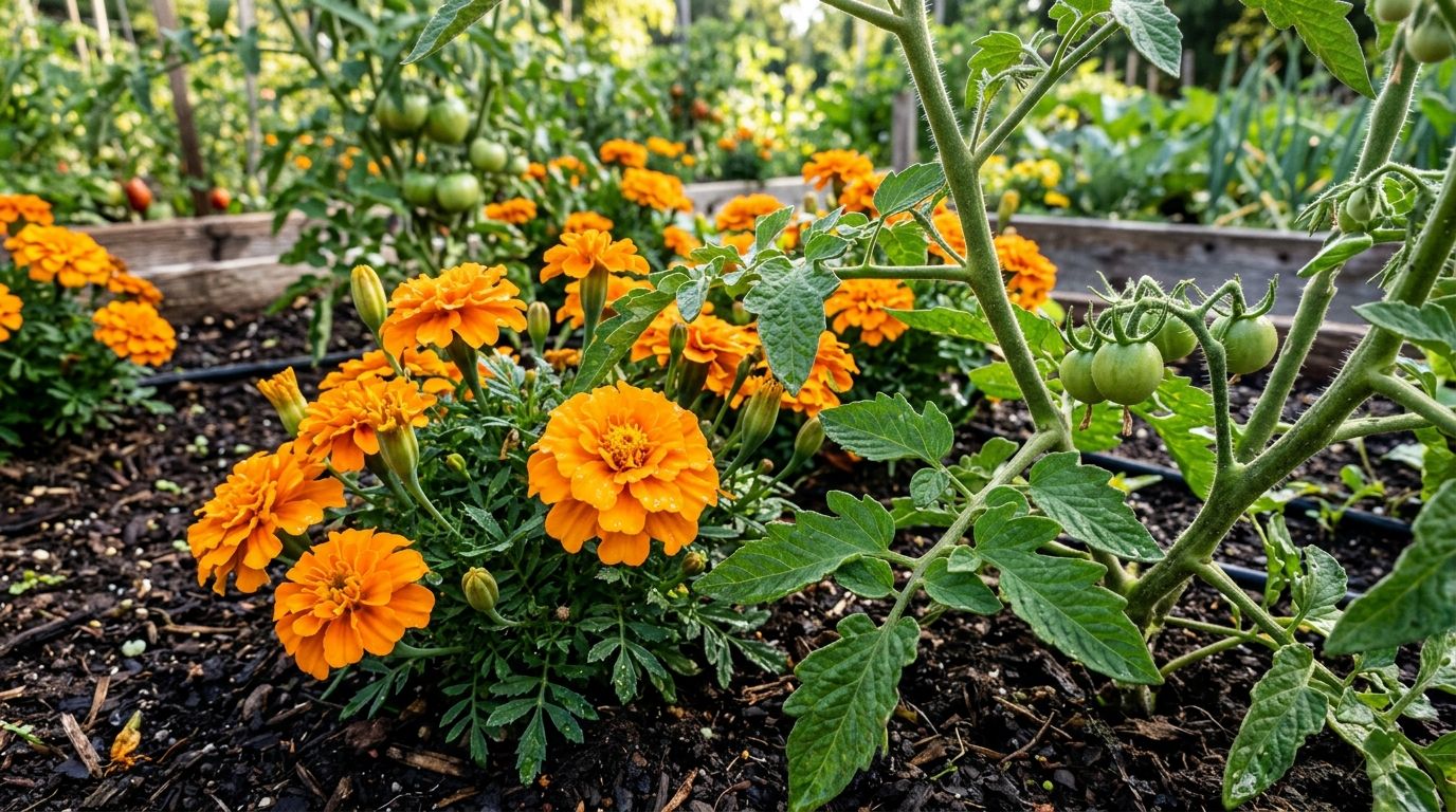 Bright orange marigolds planted tightly next to healthy green tomato plants