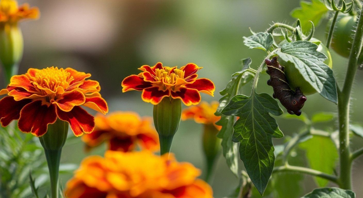 Close-up of beneficial insects and predatory pollinators attracted to blooming marigold flowers