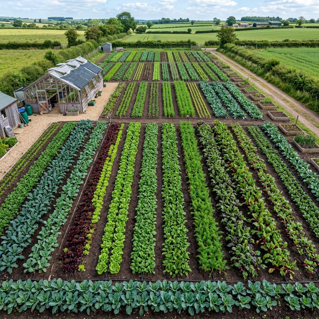 Intensive market garden layout showing multiple crop successions at staggered growth stages