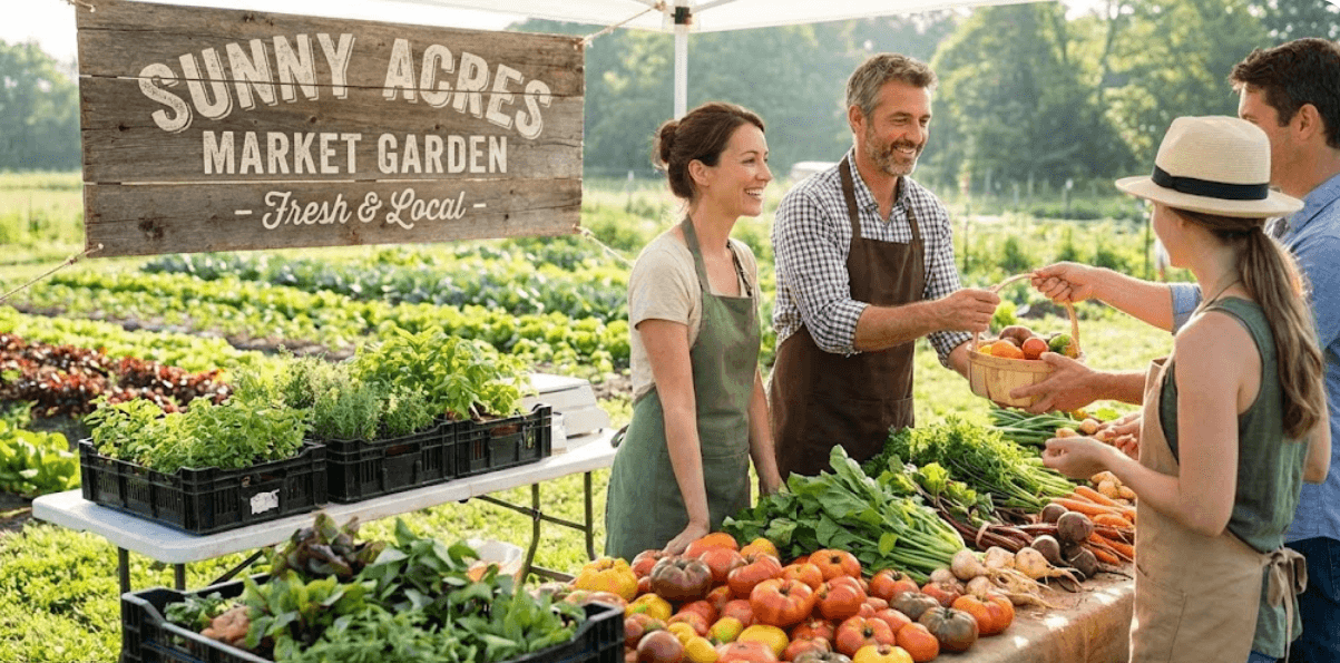 Organized commercial market garden beds laid out for efficient crop management