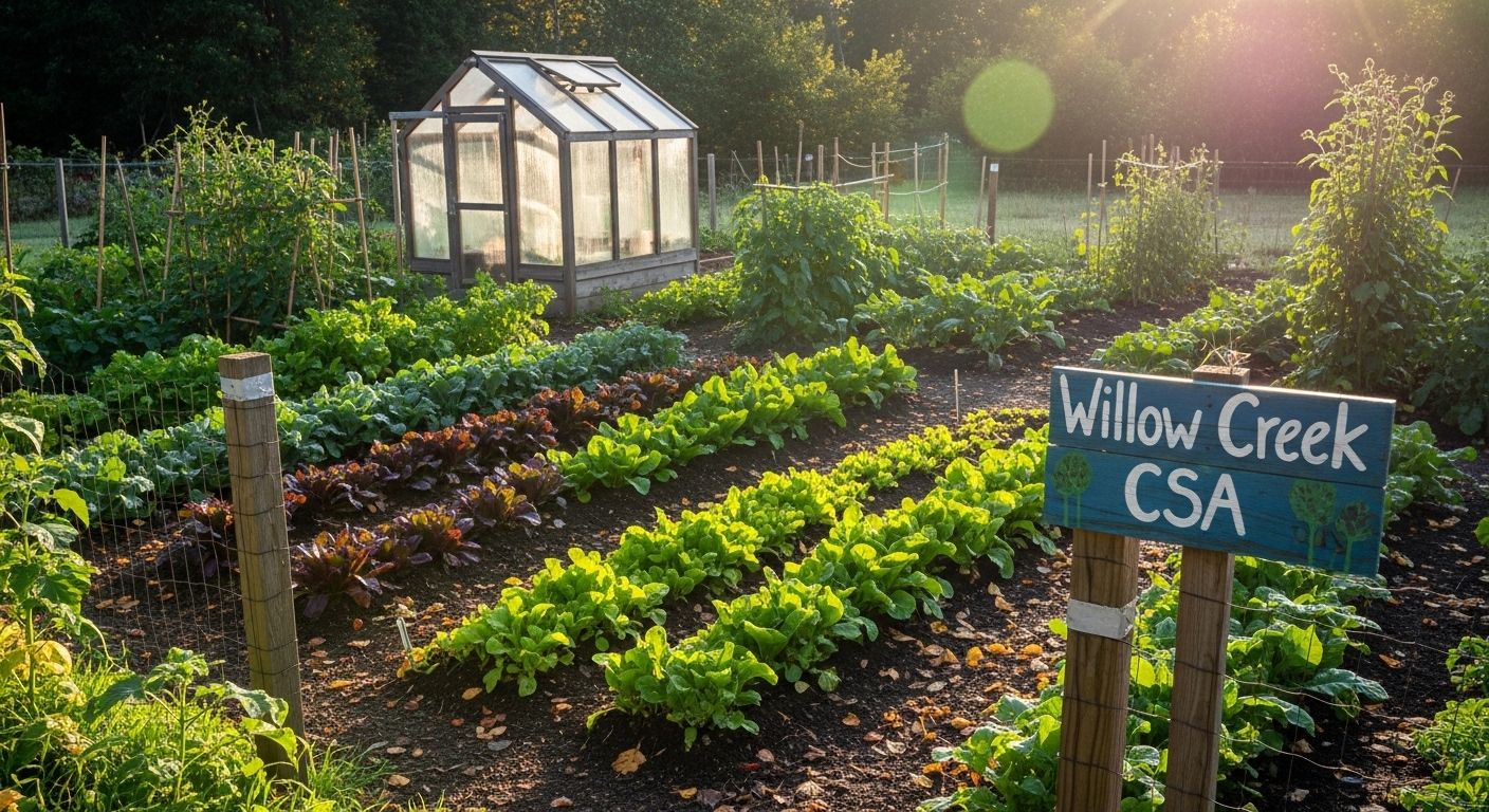 Neatly managed residential backyard micro-farm featuring raised beds, trellises, and living pathways