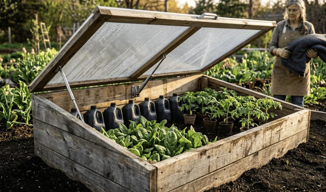 Slanted wooden DIY cold frame capturing passive solar heat in a garden bed