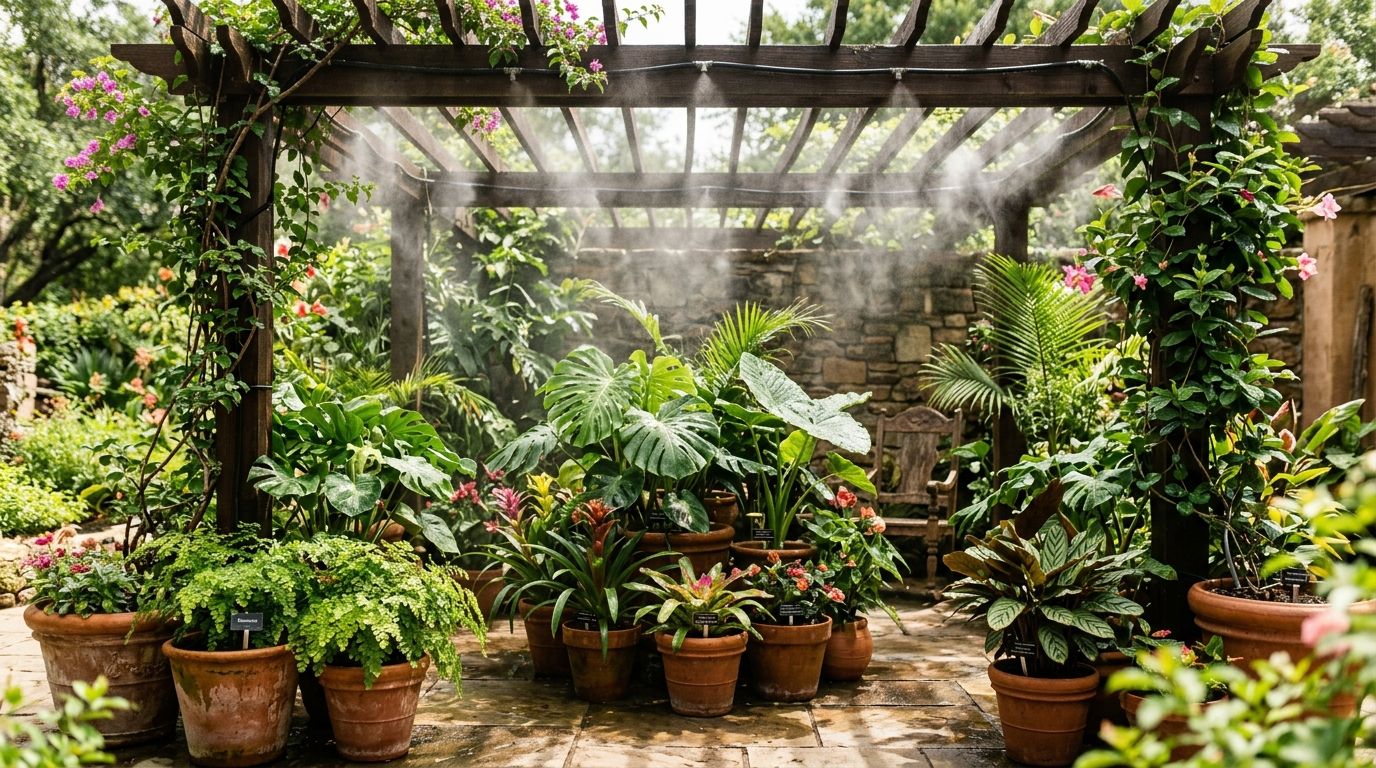 High-pressure misting nozzle line operating along greenhouse upper truss structure