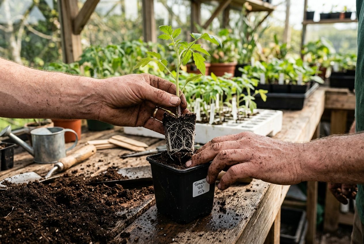 Gardener potting up a tomato seedling into a larger nursery container