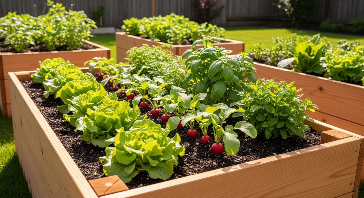 Durable wooden raised garden bed filled with rich dark organic soil and diverse crops
