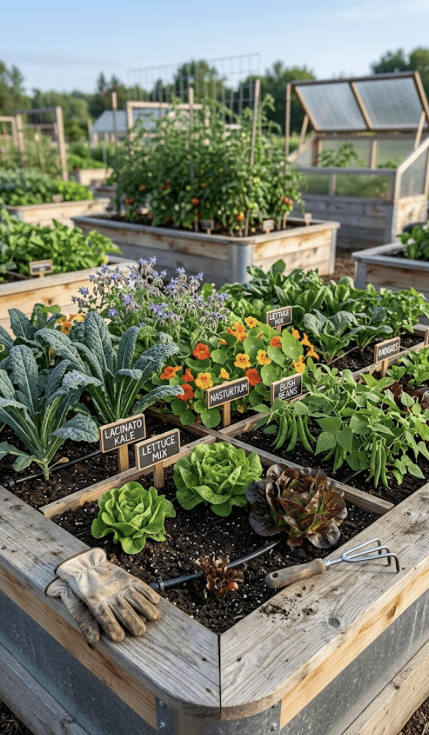 Step-by-step raised bed soil layering technique incorporating aeration amendments and compost