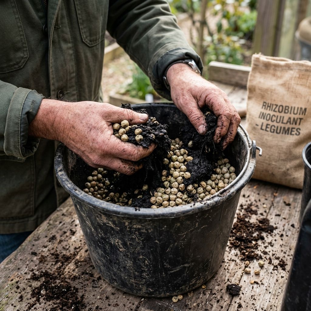 Inoculating cover crop seeds in a bucket with dry mycorrhizal spore powder prior to planting