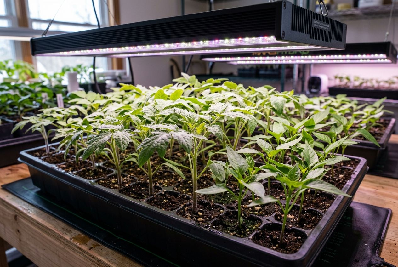 Stocky vegetable seedlings growing under full spectrum LED grow lights