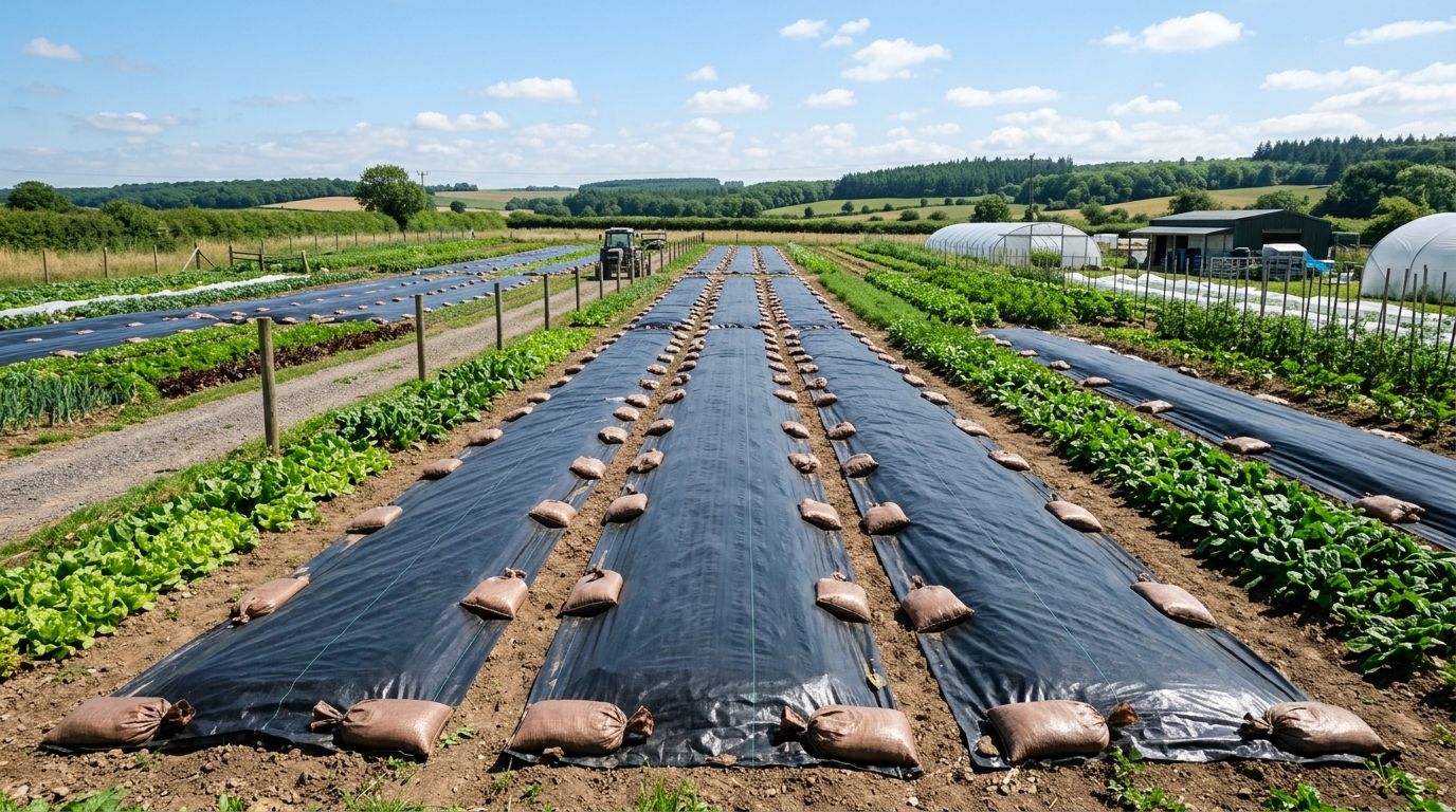 A large black silage tarp covering multiple market garden beds