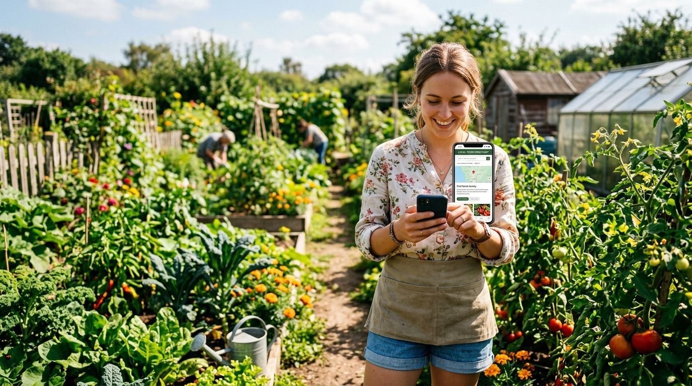 Person using a smartphone to search for local food directories in a vegetable garden