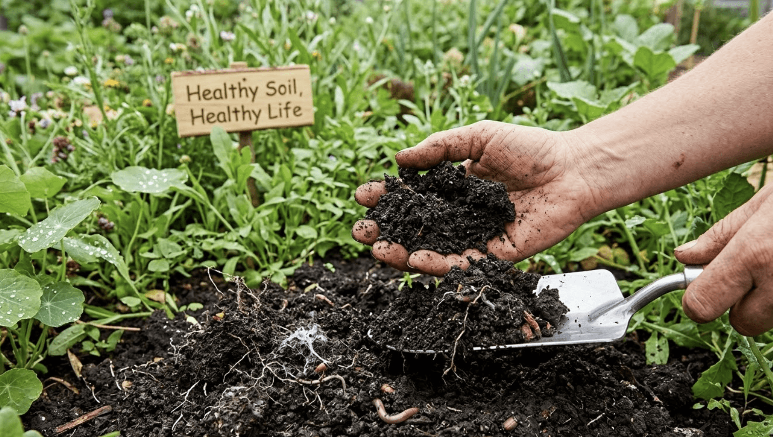 A handful of rich, dark living soil showing crumbly aggregate structure formed by mycorrhizal glomalin
