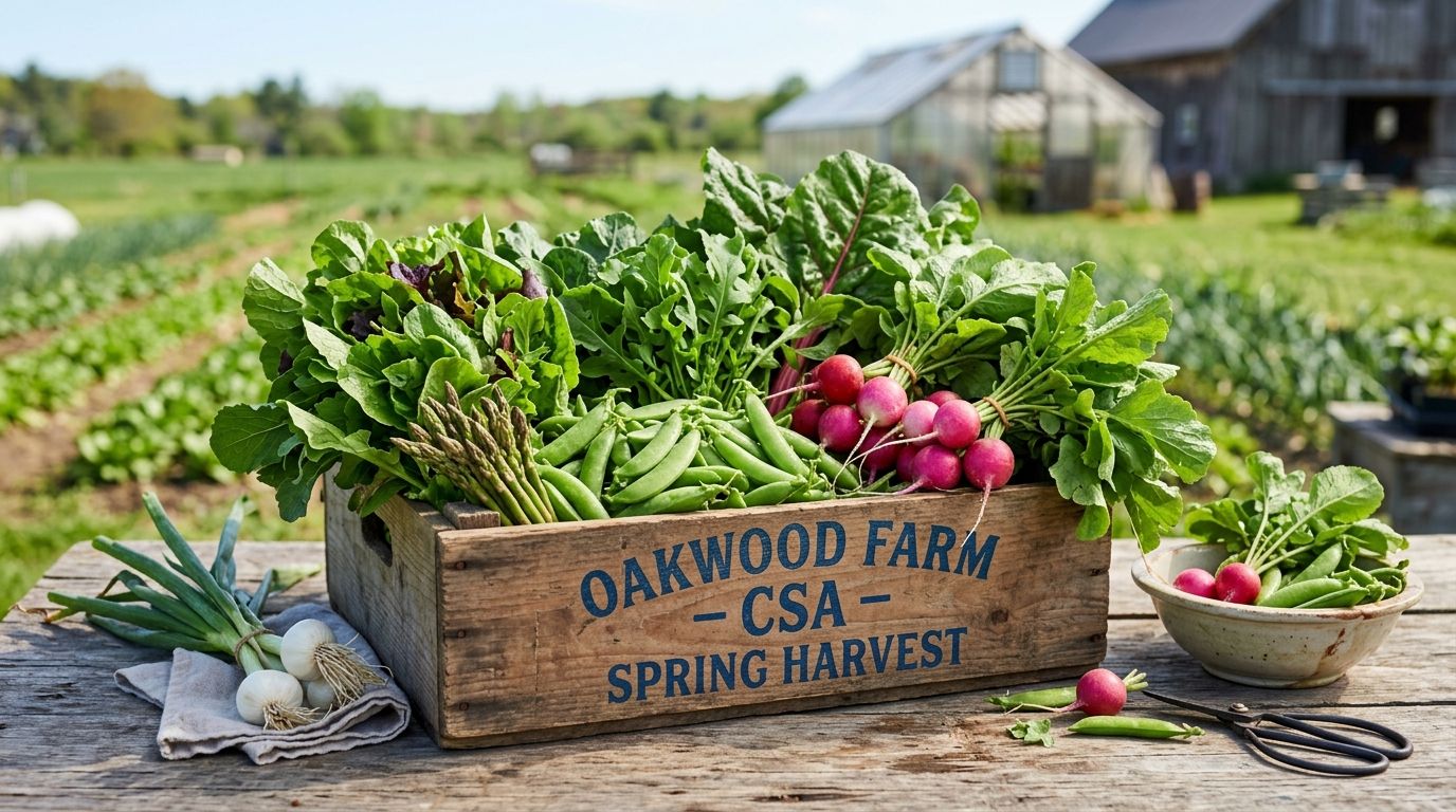 An early spring CSA box overflowing with fresh greens, radishes, and sugar snap peas
