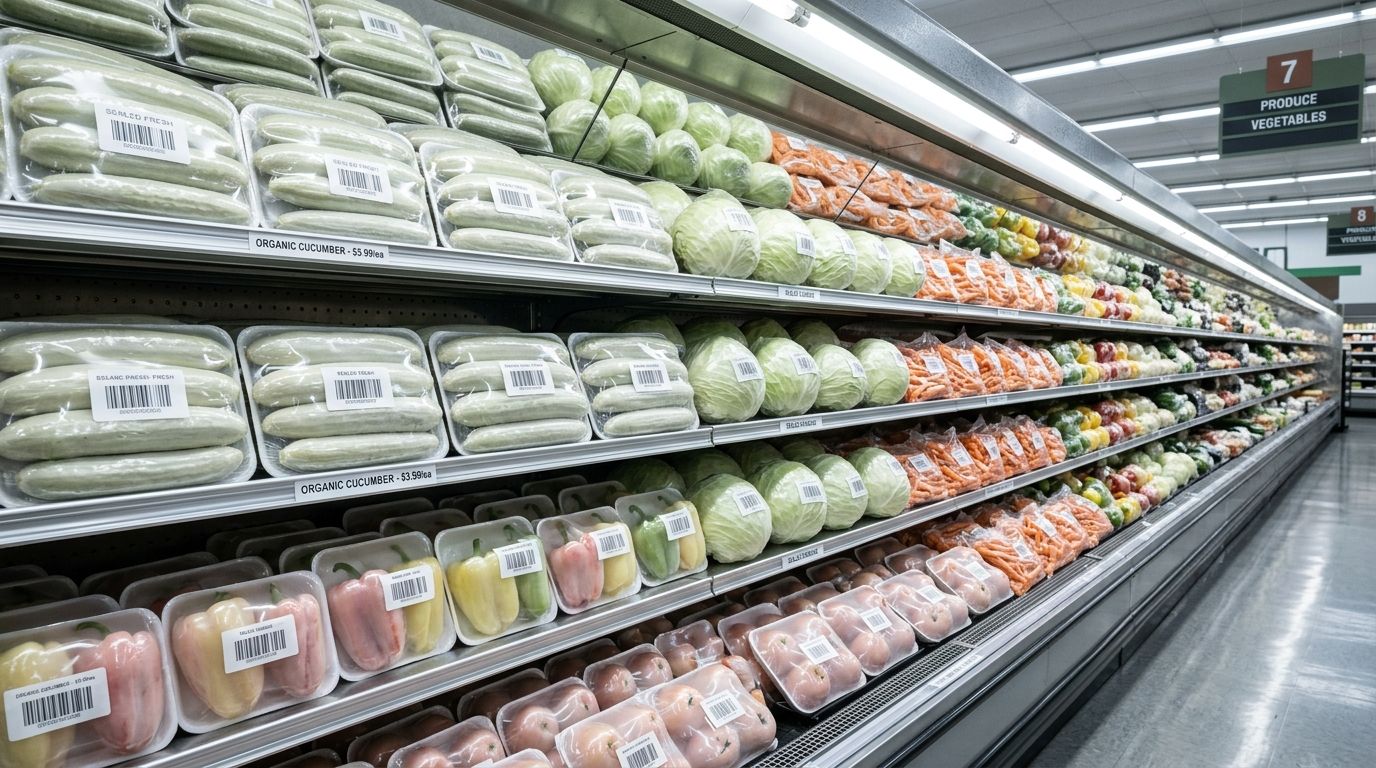 A sterile supermarket produce aisle showing rows of perfectly identical, pale, plastic-wrapped vegetables