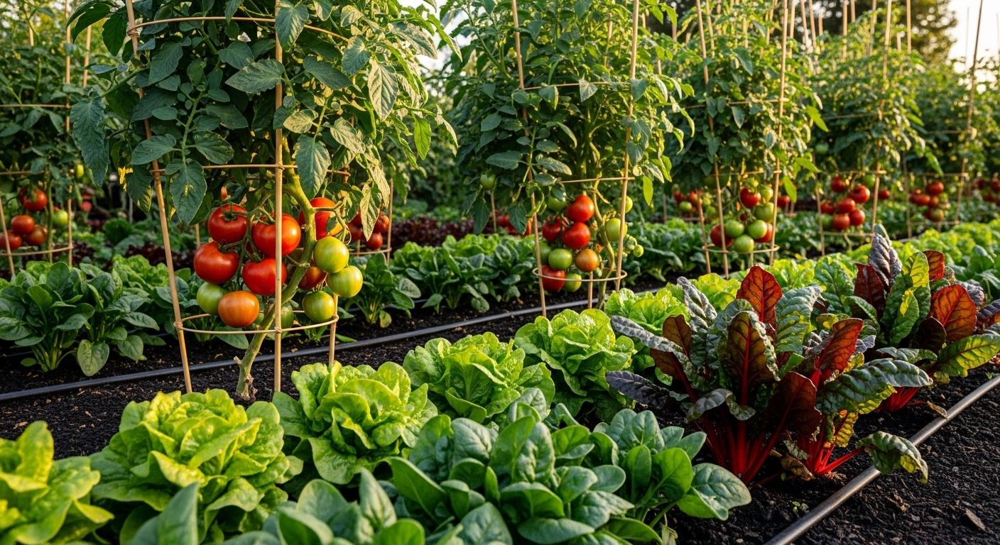 Densely planted salad greens sheltered from late spring heat under light reflective cloth