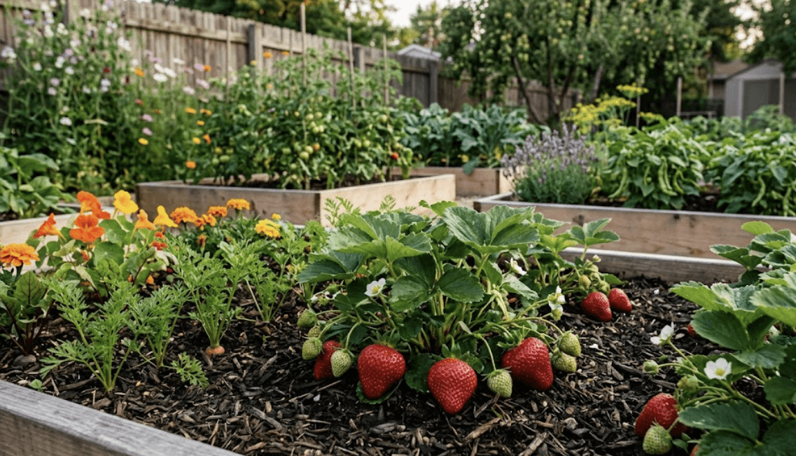 Healthy strawberry plants establishing runner rows over clean organic straw mulch