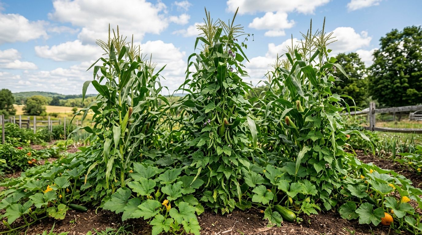 Tall corn stalks supporting climbing beans, with squash plants covering the soil below
