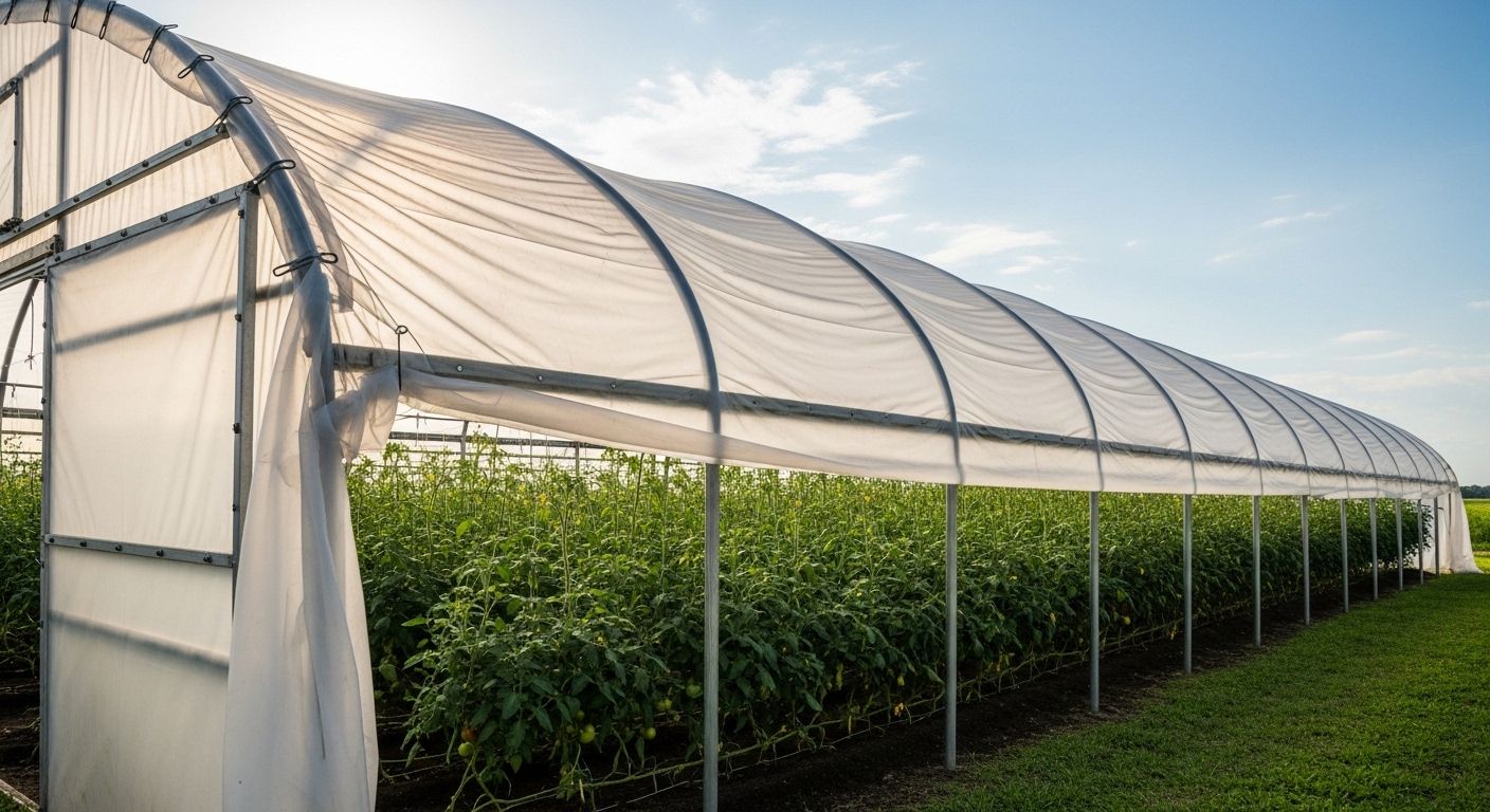Healthy indeterminate tomato clusters setting fruit evenly under filtered high tunnel light