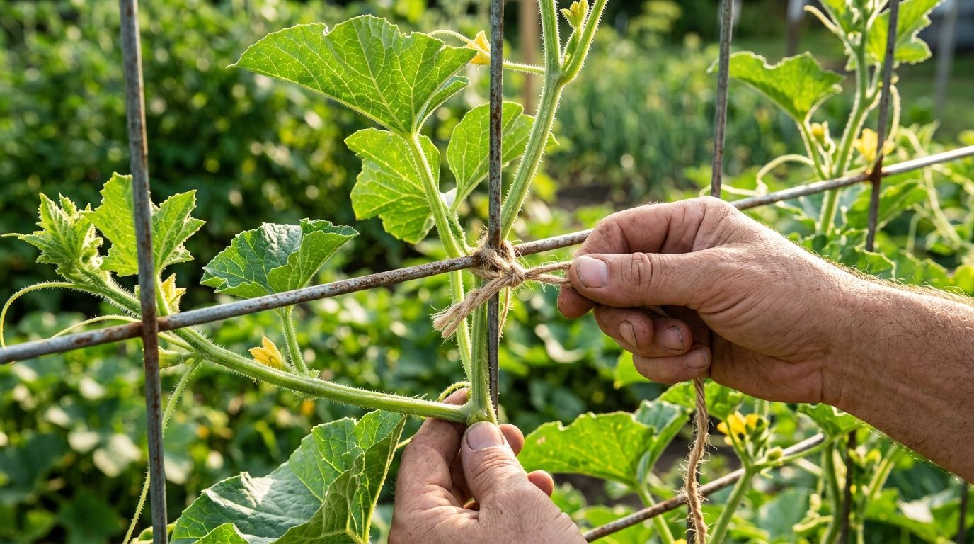 Tying green melon vines to the wire