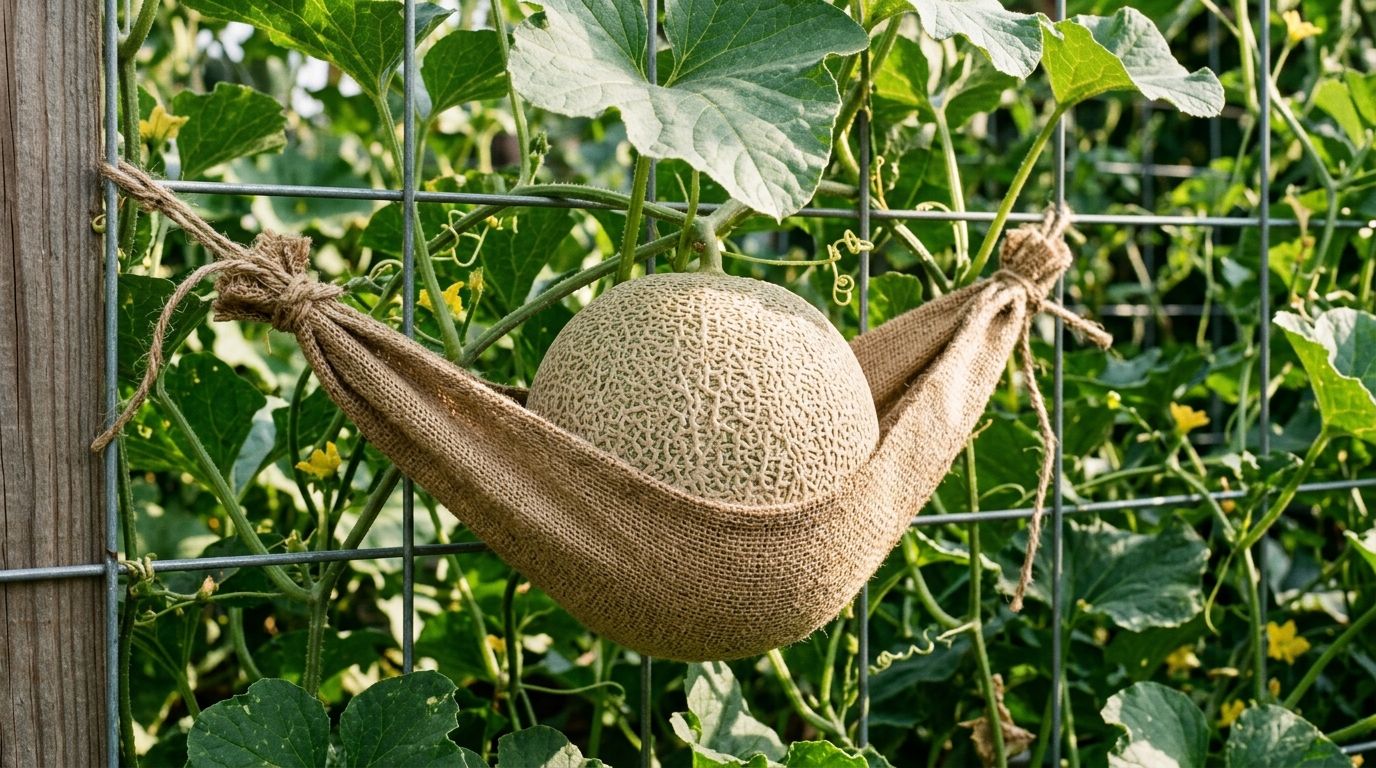 A cantaloupe supported in a cloth hammock