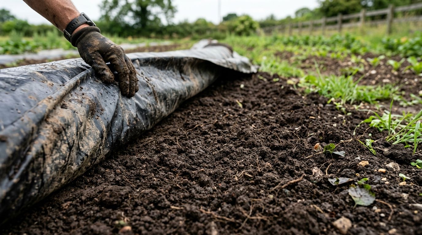 Rich, dark, weed-free soil newly revealed after pulling back a black plastic silage tarp